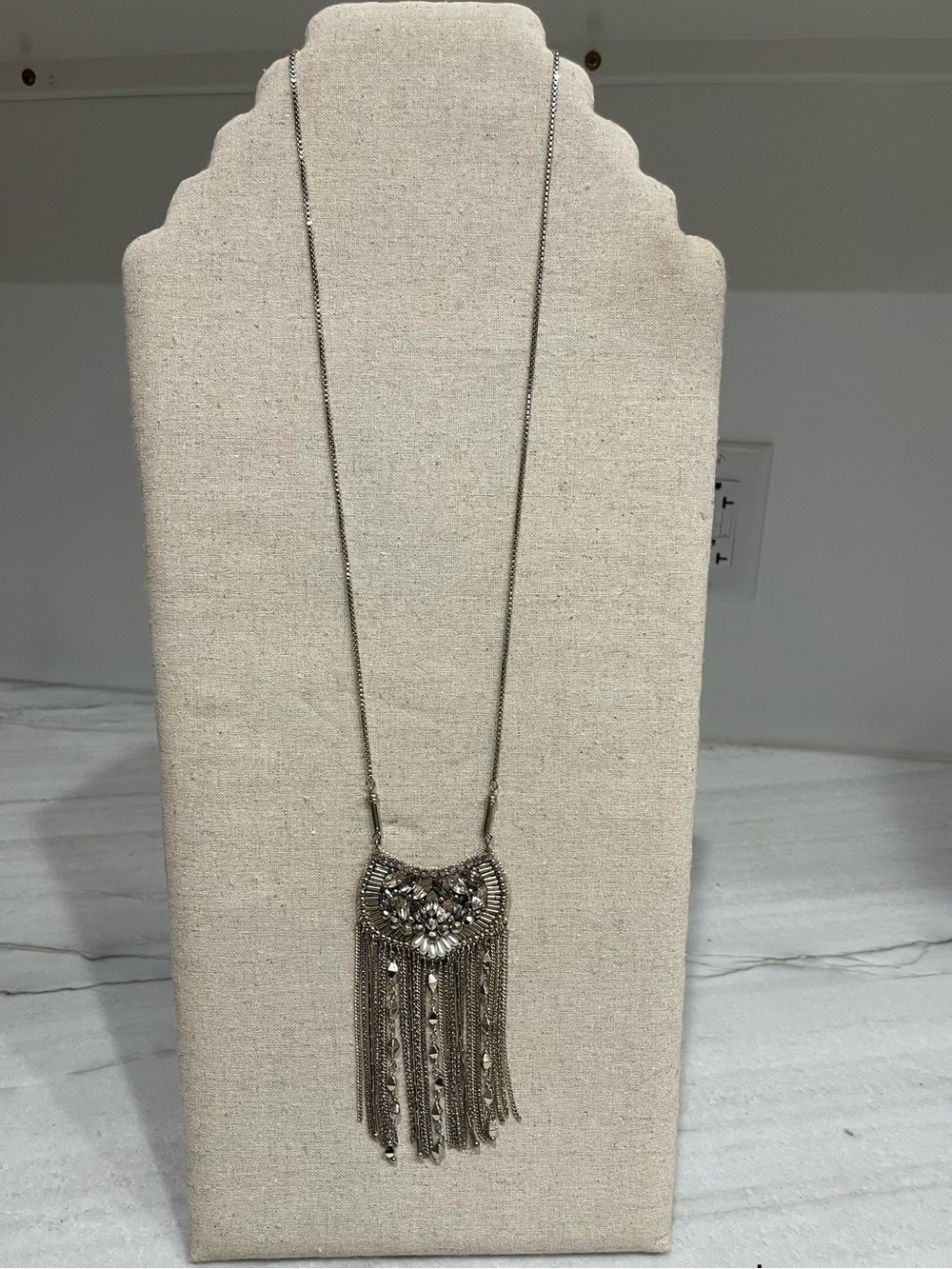 Stella & Dot Silver Tassel Fringe Necklace with Crystal Accents